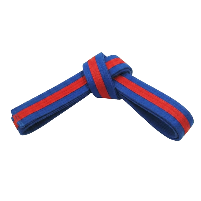 Blue-red Taekwondo belt, showing the expansion of the student's strength and skill.