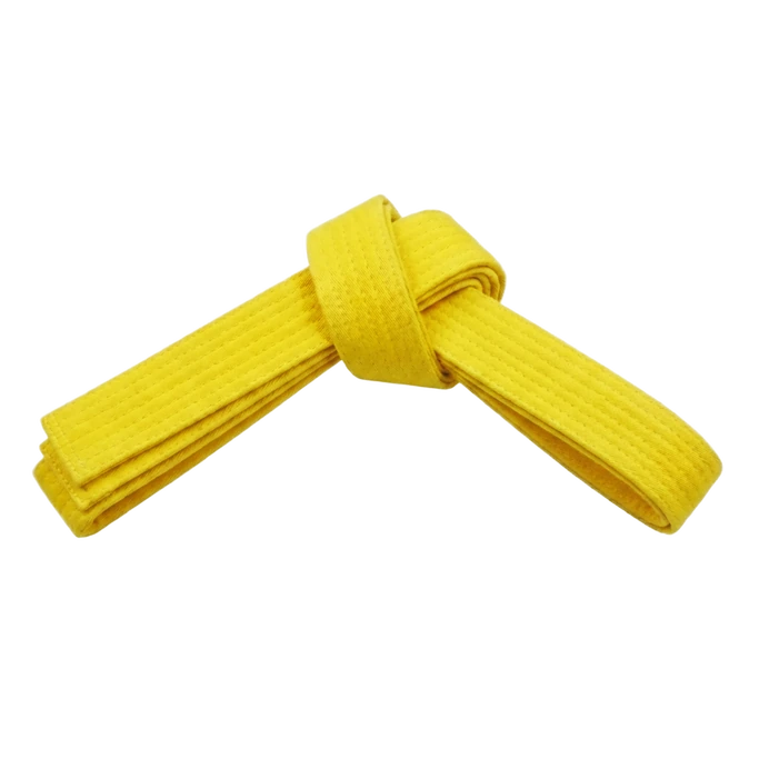 Yellow Taekwondo belt, representing the consolidation of fundamental martial arts techniques.