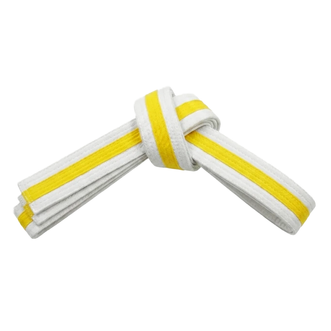 White-yellow Taekwondo belt, marking the first progress in martial arts training.